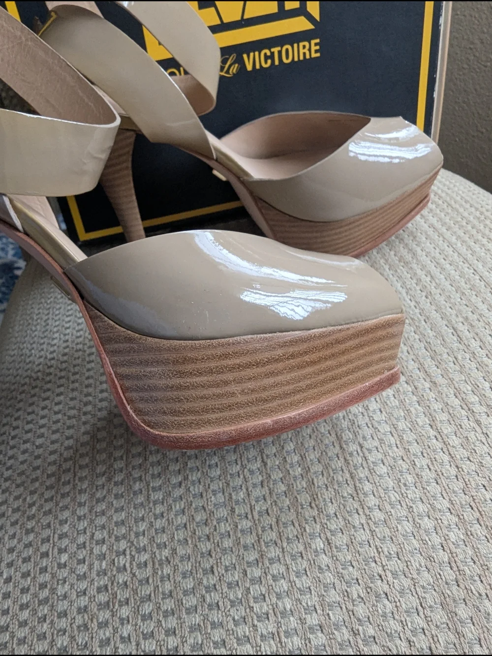 Pour La Victoire Beige Patent Platform Sandal with Ankle Strap